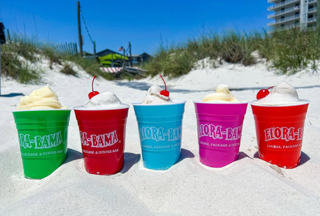 frozen drinks in flora bama logo cups