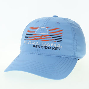 blue hat with white flora bama text and red and blue lines