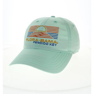 teal green hat with tan flora bama text and red and blue lines