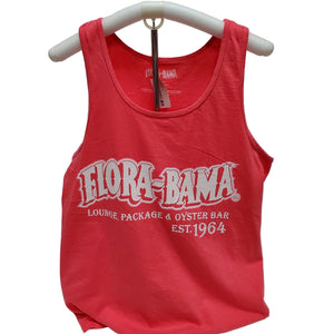 A salmon colored tank top with the 'Flora-Bama' logo printed in white  on the front.
