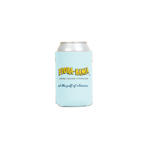 light blue koozie with flora bama logo on it and gulf of america