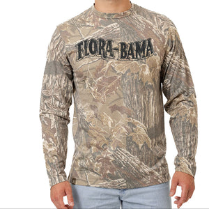 Camouflage long-sleeve shirt with 'Flora-Bama' logo on a white background
