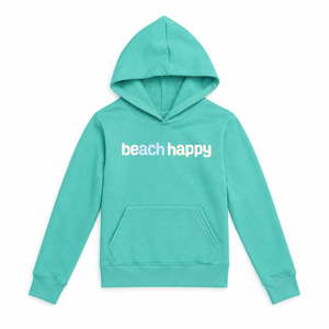 A kids' mint green pullover hoodie with 'beach happy' printed across the chest in white and light blue lowercase letters, displayed on a clean white background.