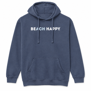 A washed navy blue pullover hoodie with 'BEACH HAPPY' printed in white across the chest, displayed on a clean white background.
