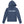 A navy blue pullover hoodie with the words 'beach happy' printed across the chest in white and light blue, displayed on a solid white background.