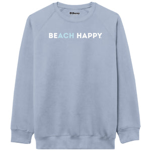 A light blue crewneck sweatshirt with 'BEACH HAPPY' printed across the chest in white and light blue, shown on a plain white background.