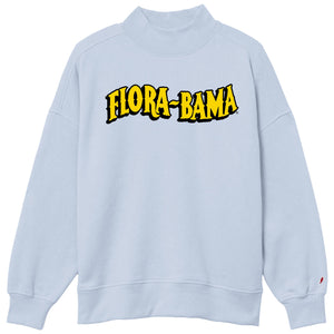 Light blue sweatshirt with 'Flora-Bama' text in yellow and black on a white background