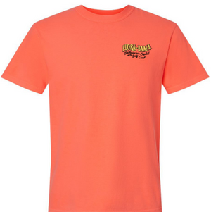 coral shirt with a yellow florabama logo on front left chest