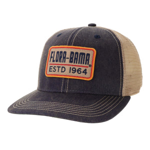  Denim and brown trucker hat with 'Flora-Bama' logo on a white background
