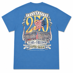 Blue t-shirt with 'Flora-Bama' graphic celebrating 250 years of freedom on a white background