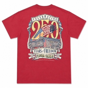 Red t-shirt with 'Flora-Bama' graphic celebrating 250 years of freedom on a white background