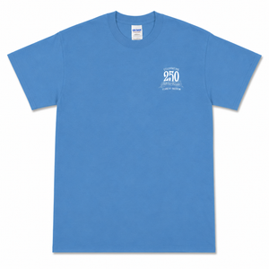 Blue t-shirt with a logo on the chest against a white background