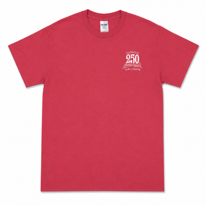 Red t-shirt with a white graphic on the chest against a white background