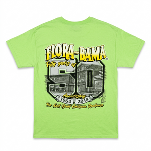 Green t-shirt with 'Flora-Bama' 50th anniversary graphic on a white background