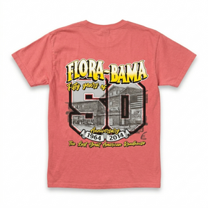 Red t-shirt with 'Flora-Bama' 50 anniversary graphic