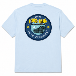 Light blue t-shirt with Flora-Bama 60th Anniversary graphic on a white background