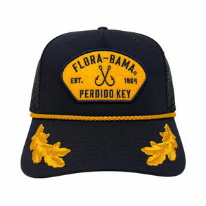 Black cap with yellow Flora-Bama logo and leaf designs on a white backgroundbrim