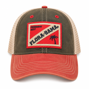 black and red hat with flora bama on red patch