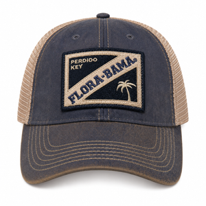 denim blue hat with flora bama on blue patch
