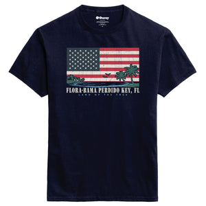 Navy blue t-shirt with American flag and palm tree design and flora bama text below