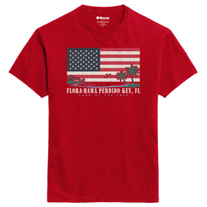 red t-shirt with American flag and palm tree design and flora bama text below