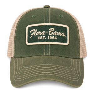 green hat with patch on front with flora bama text