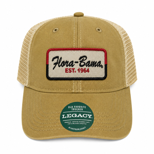 khacki hat with tan patch, red lining on top black lining on bottom and flora bama text