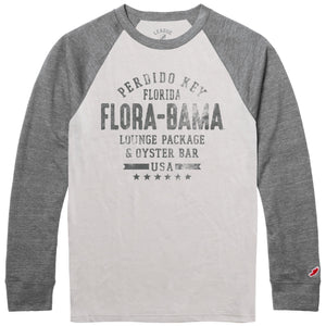 A long sleeve baseball t-shirt with gray sleeves and a cream color torso. The shirt has text 'FLORA-BAMA' printed on it.