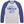A long sleeve baseball t-shirt with blue sleeves and a cream color torso. The shirt has text 'FLORA-BAMA' printed on it.