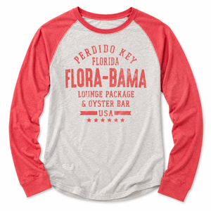 Red and gray long-sleeve shirt with 'Flora-Bama' text on a white background