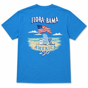 Blue t-shirt with 'Flora-Bama' and beach scene design on a white background
