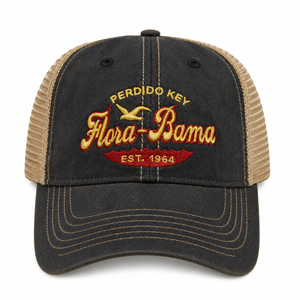 Black and tan hat with 'Flora-Bama'text on front