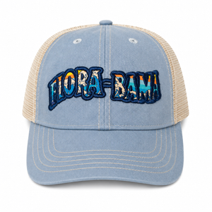 blue hat with beach scene in flora bama logo