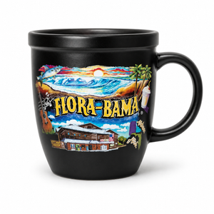 Black mug with colorful 'Flora-Bama' beach scene