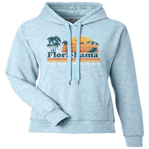 light blue hoodie sweatshirt with beach scene and flora bama across the front center