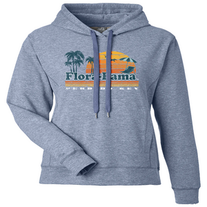 blue hoodie sweatshirt with beach scene and flora bama across the front center