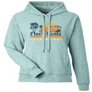 green hoodie sweatshirt with beach scene and flora bama across the front center