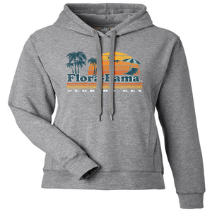 gray hoodie sweatshirt with beach scene on the front and flora bama text