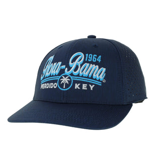 A navy blue kids' cap with 'Flora-Bama Perdido Key' text and a palm tree graphic in white and light blue on the front.