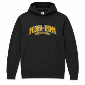 Black hoodie with 'Flora-Bama' text on a white background