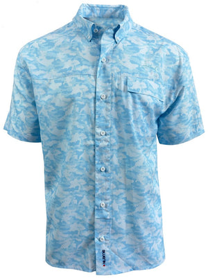 blue and white camo pattern on button up fishing shirt with collar