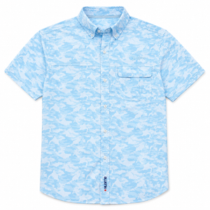 Blue patterned button-up shirt on a white background