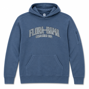 Blue hoodie with 'Flora-Bama' text on a white background