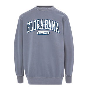 blue sweatshirt with 'Flora-Bama Since 1964' text 