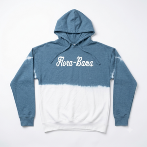 Blue and white hoodie with 'Flora-Bama' text on a white background