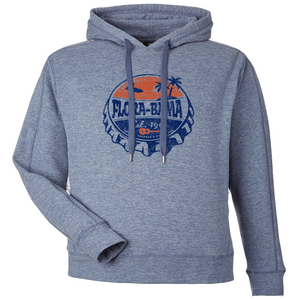 blue hoodie sweatshirt with bottlecap drawing on front with flora bama text and palm tree