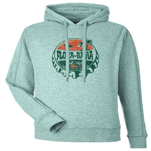 green hoodie sweatshirt with bottlecap drawing on front with flora bama text and palm tree