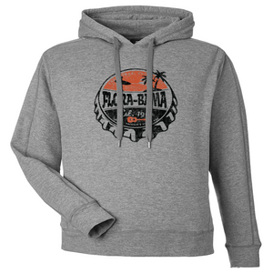 gray hoodie sweatshirt with bottlecap drawing on front with flora bama text and palm tree