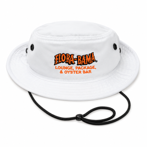 white performance bucket hat with flora bama logo
