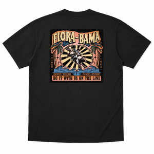 black tshirt with a geometric pattern with a bull rider and palm trees